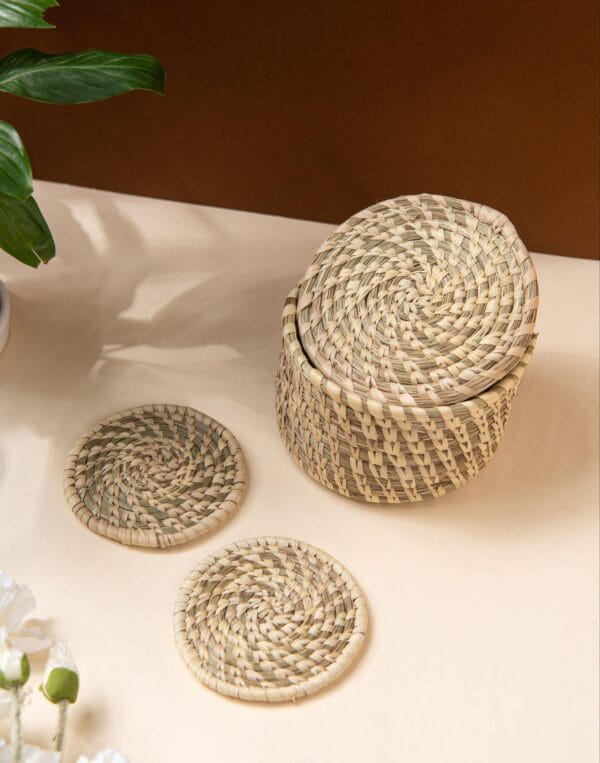 Handwoven Sabai Grass Coasters with Box - Image 2