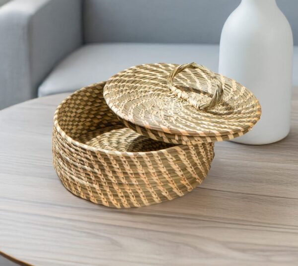 Handwoven Natural Green Round Multi Utility Box - Image 2
